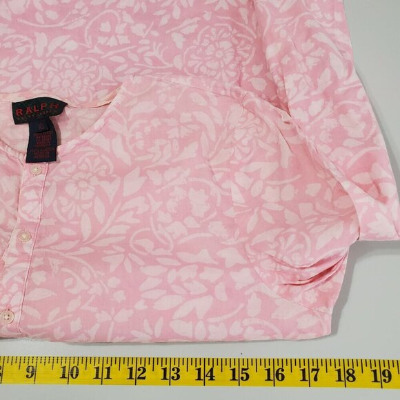 Ralph Lauren Floral Cotton Top Size XS Floral Half Button 3/4 Sleeve Pink FLAW - Picture 9 of 10